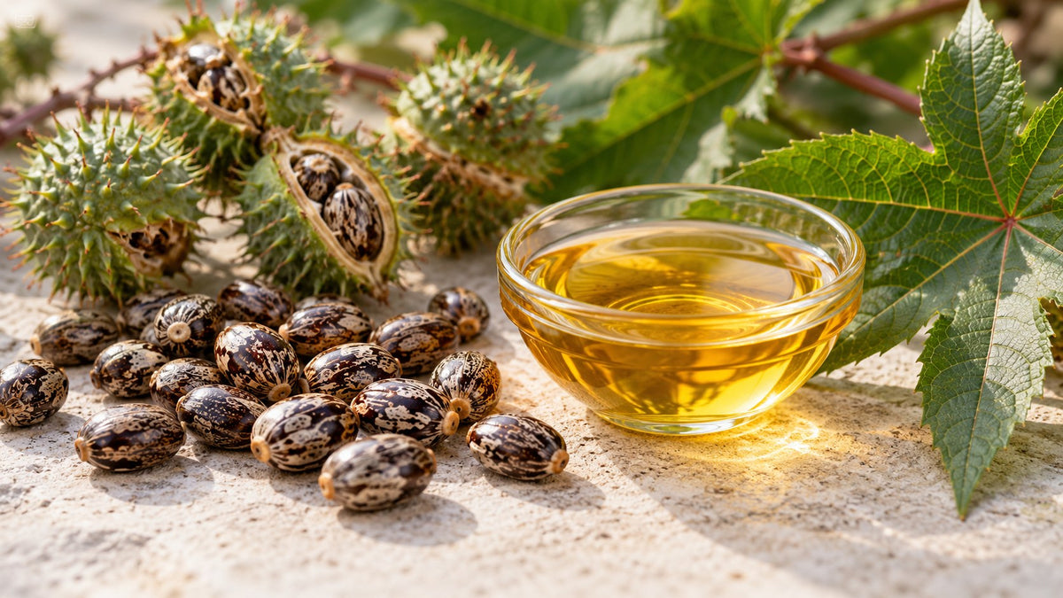 Aceite de ricino: semillas y hojas de Ricinus communis junto a un cuenco con aceite dorado