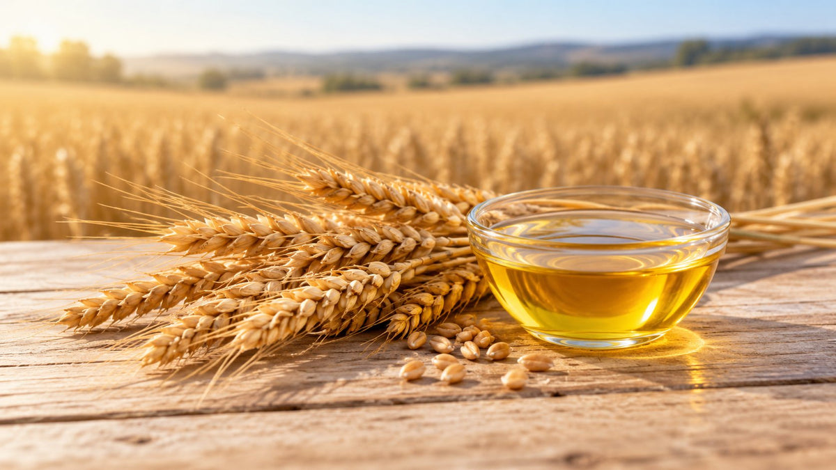 Aceite de germen de trigo: cuenco de aceite dorado junto a espigas de trigo