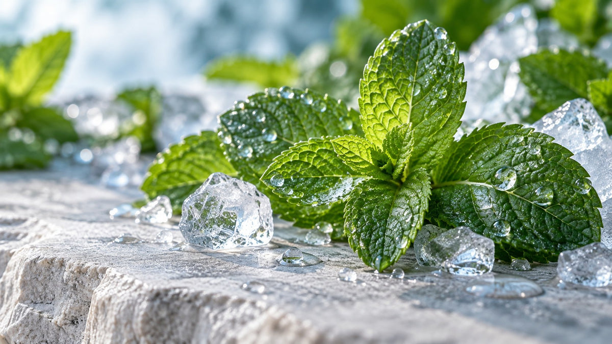 Hojas de menta frescas con hielo: lactato de mentilo, el derivado del mentol con efecto frío