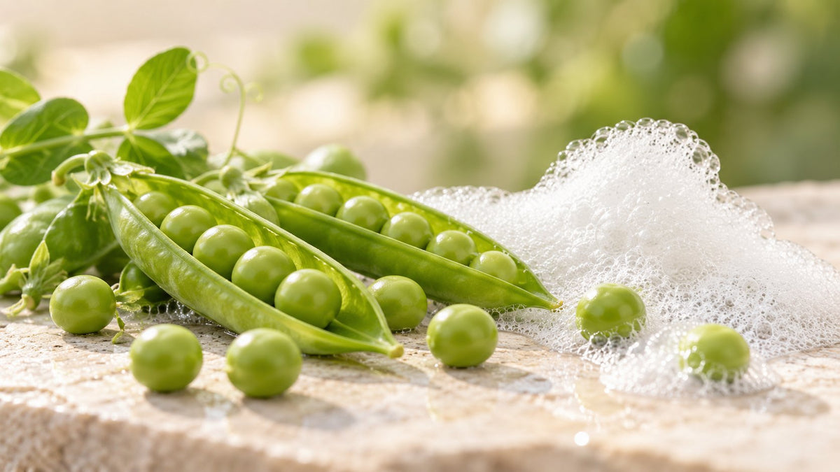 Tensioactivos naturales: vainas de guisante junto a espuma suave de limpieza