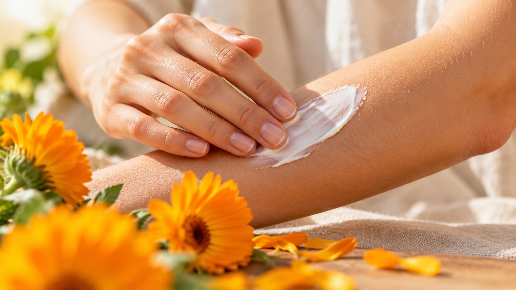 Aplicación de crema sobre la piel del antebrazo con pétalos de caléndula, para qué sirve la caléndula en la piel