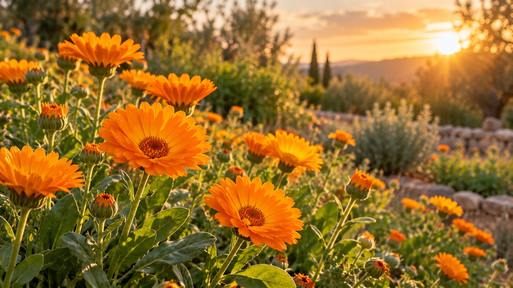 Plantas de caléndula en flor en un jardín mediterráneo, origen del extracto de caléndula