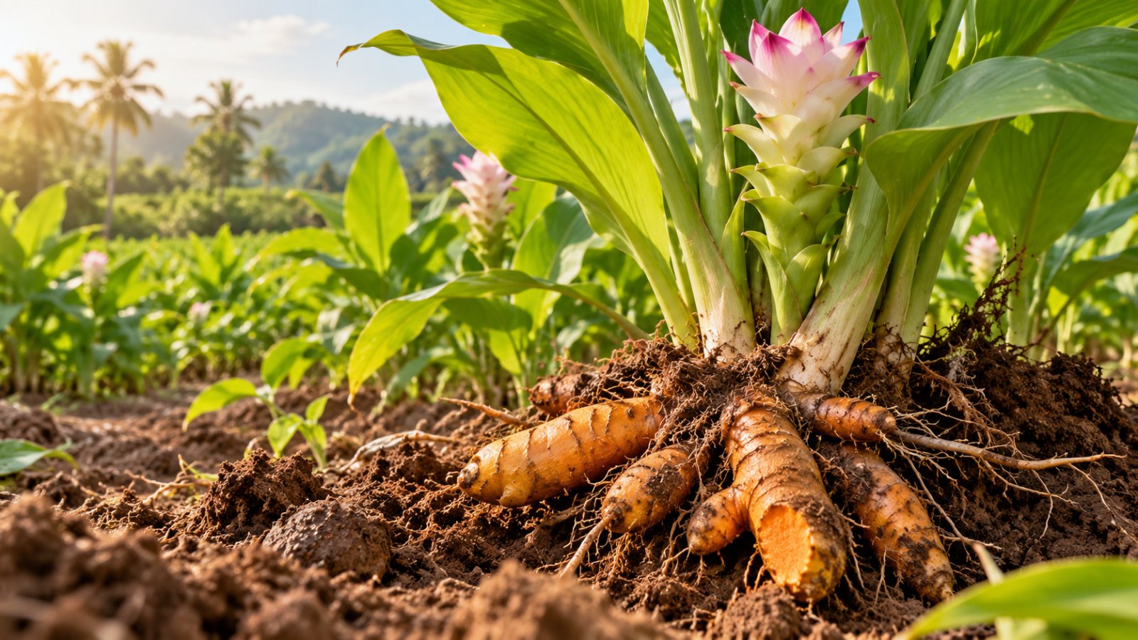 Planta de cúrcuma (Curcuma longa) con su raíz, origen del extracto de cúrcuma para la piel